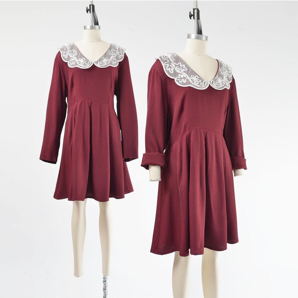 Vintage 90s Burgundy Floral Lace Collared Cute Babydoll Mini Dress XL